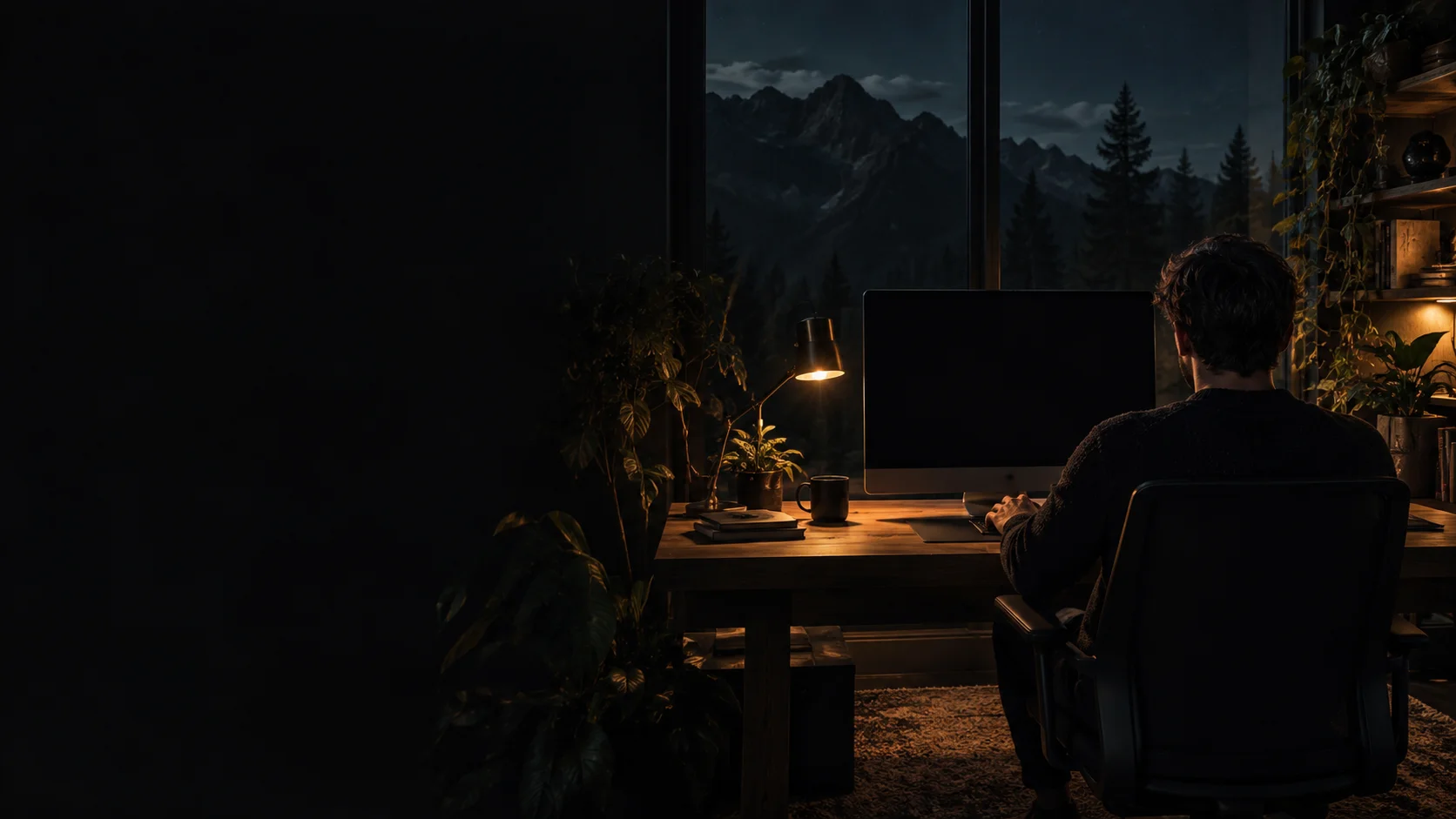 An illustrative developer workspace with warm lighting; not a founder portrait